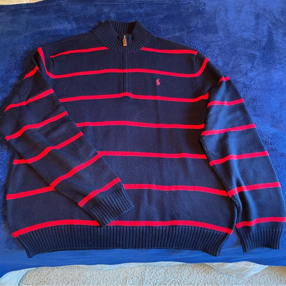 Polo Ralph Lauren Men’s Quarter Zip Sweater Navy Blue Red Striped Knit Pullover